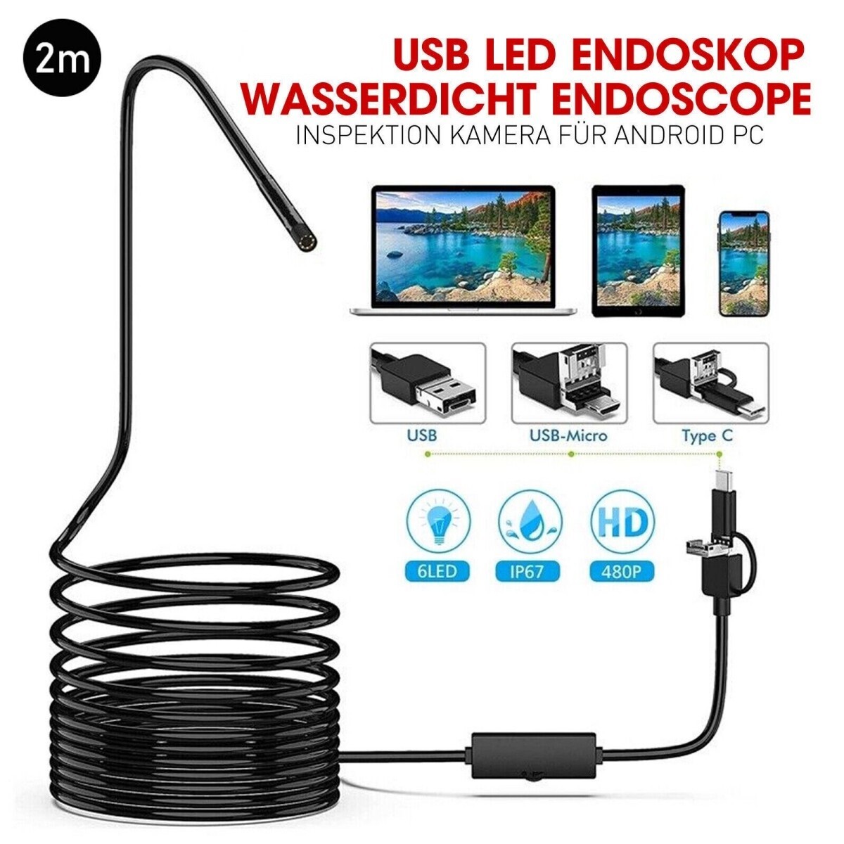 2/3.5/5M USB Endoskop Kamera 5,5mm LED-HD Inspektion Wasserdicht Für PC Android
