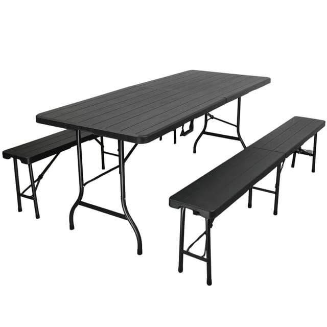 CHEFGASTRO Bierzeltgarnitur Klappbar 180cm 3-Teilig 1x Buffettisch 2x Bierbänke Mit Tragegriffe Holz Optik Kunststoff Metterfest Gartengarnitur