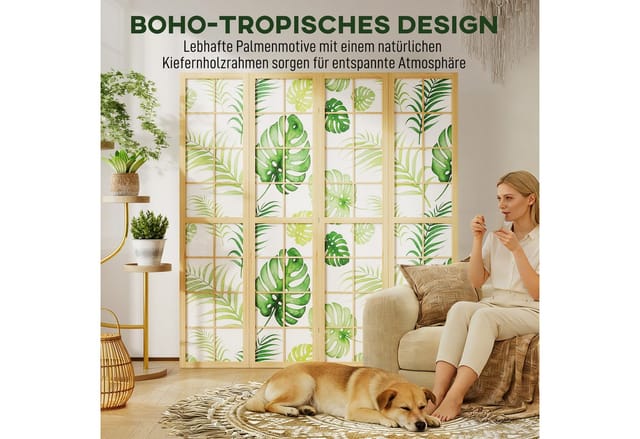 HOMCOM Paravent aus Kiefernholz, mit Palmenblatt-Design (Tragbarer Sichtschutz, 1 St., 4-teilig Raumteiler), für Wohnzimmer, Arbeitszimmer, Naturholz+Grün