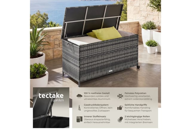 tectake Gartenbox Aluminium Auflagenbox mit Rattangeflecht, 116 x 54 x 64 cm (1 St., 253 L), 253 l, mit Aluminiumgestell und Rattangeflecht