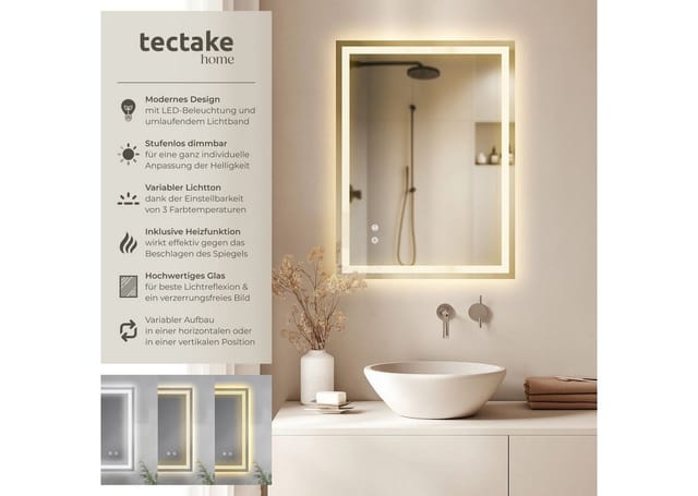 tectake LED-Lichtspiegel Rechteckiger LED Badezimmerspiegel (1-St), rahmenloses Design in 3 Größen