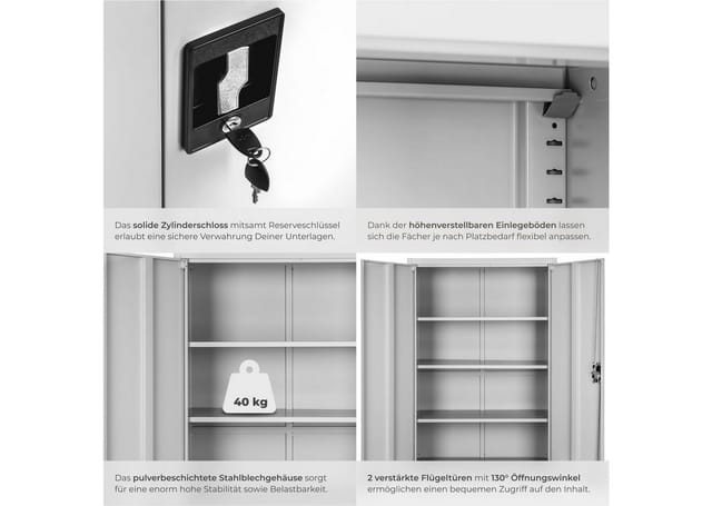 tectake Aktenschrank Büroschrank mit 5 Böden - Stabil und abschließbar (Komplettset, 1-St., inkl. Schlüssel) stabile Stahlkonstruktion, einfache Montage, verstellbare Böden