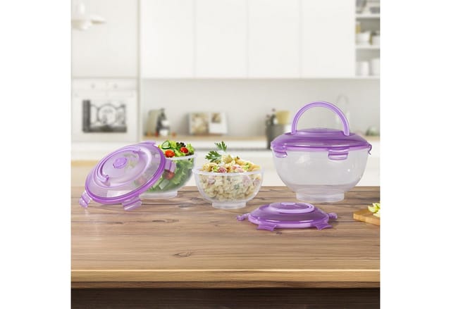 Gravidus Salatbox Salatschüssel Set 3-teilig mit Tragegriff lila Deckel Polypropylen, Polypropylen, Silikon