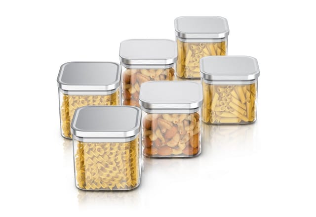 Arendo Aufbewahrungsbecher Glasbehälter-Set 6x 0,8 L Borosilikatglas mit Edelstahldeckel, Borosilikatglas, Edelstahl, Silikon, (Vorratsbehälter-Set, 6-tlg., 6er Set), Hitzebeständig, umweltfreundlich, langlebig, mikrowellengeeignet