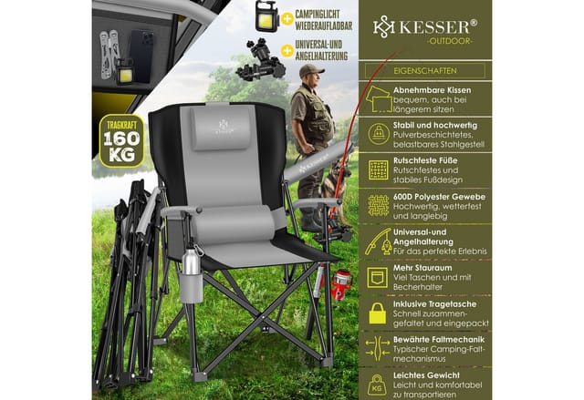 KESSER® Campingstuhl faltbar bis 160 kg Angelstuhl Faltstuhl Klappstuhl Gepolstert mit Armlehnen Campinglicht und Getränkehalter + Tasche mit hoher Rückenlehne Strandstuhl mit Angelhalterung