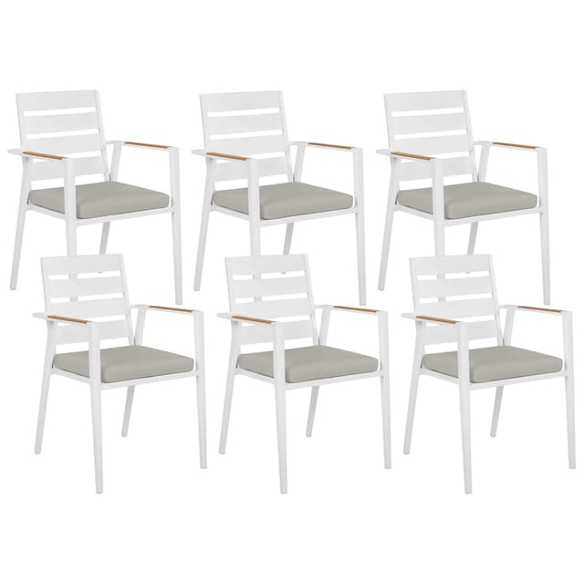 Gartenstuhl 6er Set Weiß Aluminium Mit Sitzkissen Grau Stoff Armlehnen Holzoptik Stapelbar Modern Outdoor Indoor Terrasse Balkon Ausstattung
