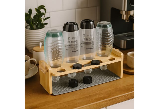 Relaxdays - Flaschenhalter Kompatibel Mit Sodastream-flaschen, Bambus, Silikon-abtropfmatte, 4er Abtropfhalter, Natur/grau