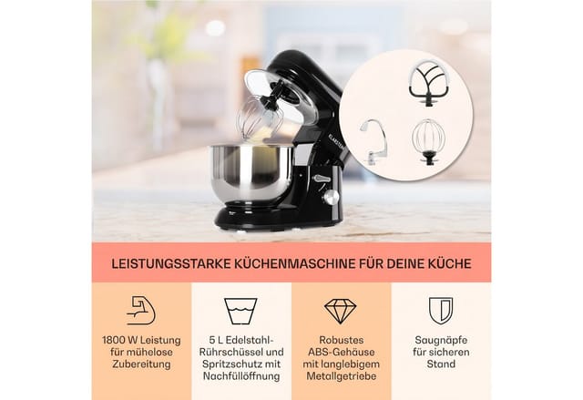 Bella Küchenmaschine 1800 W / 2,7 PS 5 Ltr Edelstahl BPA-frei Schwarz