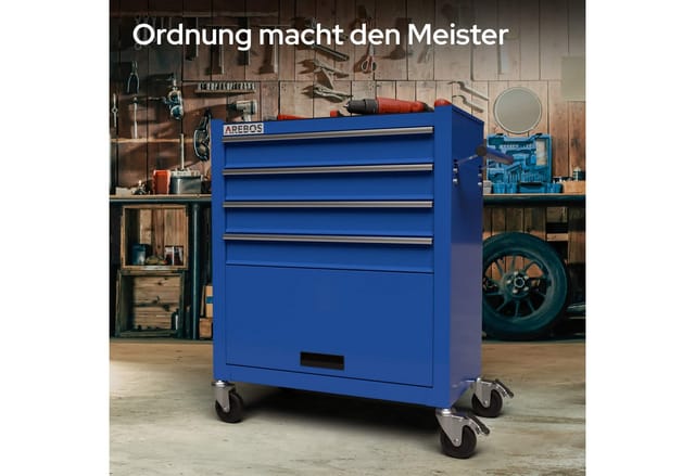Arebos Werkstattwagen Werkstattwagen 4 Schubladen, pulverbeschichtet, mobil, blau, Antirutschmatten in allen Fächern sicherer Halt für Werkzeuge