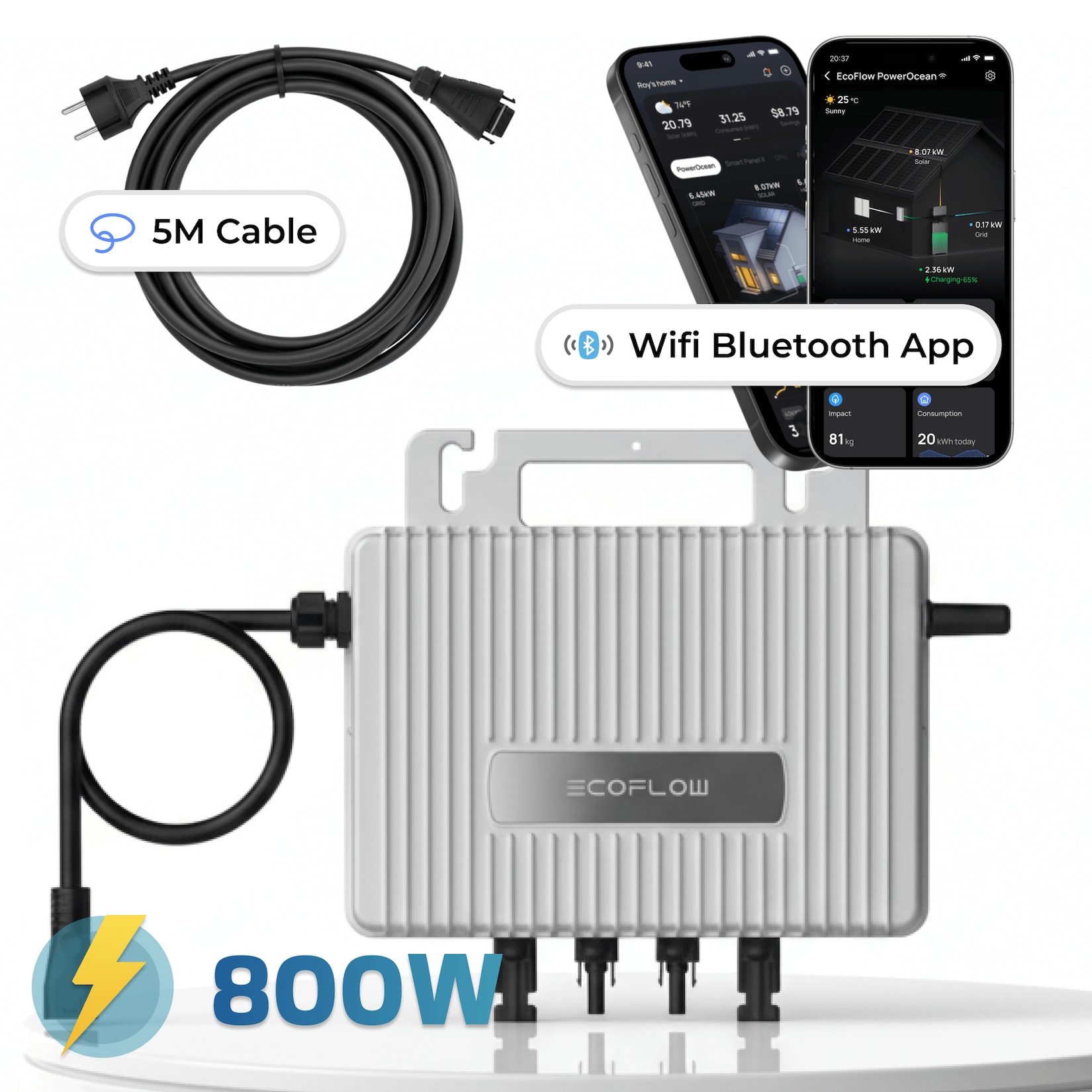 SUNNIVA Wechselrichter EcoFlow Stream Mikro-Wechselrichter 800W EFStreamMI800W, (2× MPPT, IP67 wetterfest, WLAN & Bluetooth, Plug-&-Play Balkonkraftwerk Inverter inkl. 5m Anschlusskabel zur Steckdose)