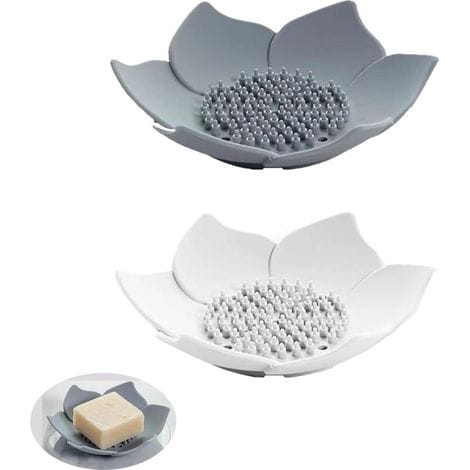 Set Aus 2 Floralen Seifenschalen Mit Abtropffläche, Aus Silikon, Für Küche, Dusche, Badezimmer Und Bad, In Weiß Und Grau.
