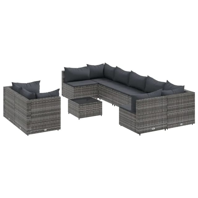 vidaXL 10-tlg Garten-Sofagarnitur mit Kissen Grau Poly Rattan Modell 124