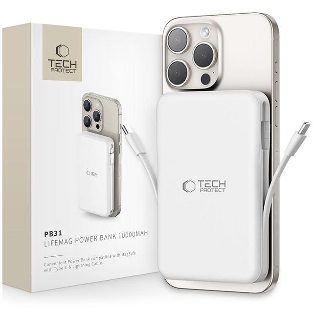 Tech-Protect LifeMag PB31 Power Bank with MagSafe 10000mAh 15W USB-C / USB-A / Built-in USB-C / Lightning Cables - White Powerbank (Akku) - Weiß - 10000 mAh