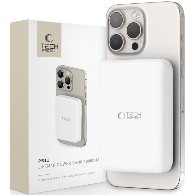 Tech-Protect LifeMag PB11 Power Bank with MagSafe 10000mAh 15W USB-C Port - White + USB-C Cable Powerbank (Akku) - Weiß - 10000 mAh