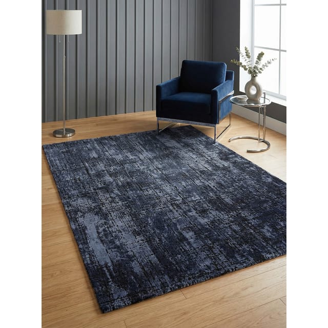 KADIMA DESIGN Teppich Veloursteppich mit Textur, Abstraktes Muster, Senfgelb/Dunkelblau, Rechteckig, Höhe: 13 mm, Rutschfester Latexrücken, Pflegeleicht, Strapazierfähig