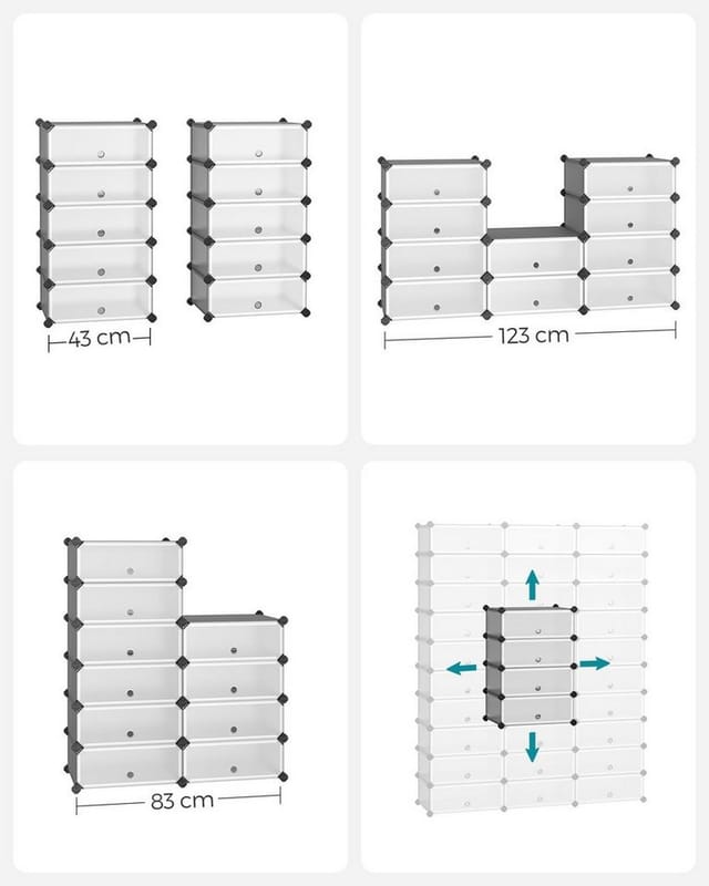 SONGMICS Schuhregal Steckregal, Regalsystem, Schuh-Organizer, 10 Ebenen, 43 x 31 x 173 cm, DIY-Regal, mit Tür, PP-Kunststoff, mit Gummihammer, Umkippschutz, grau