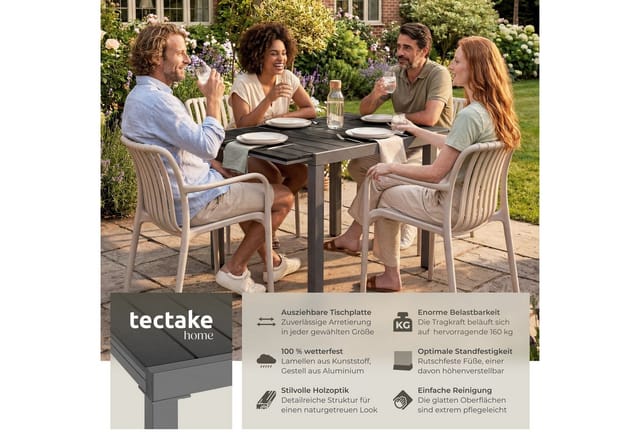 tectake Gartentisch Outdoor-Esstisch aus Aluminium für 4-6 Personen, 80–120 x 80 x 74 cm (Balkontisch Inca, 1-St., in schwarz), Lamellen in Holzoptik, wetterfest und UV-beständig, höhenverstellbar