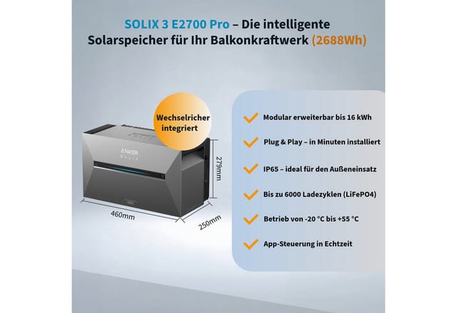 Anker Balkonkraftwerk Solix 910W Photovoltaikanlage Komplettset mit Solarbank E2700 3 Pro, 800 W, (Set, 2 Solarmodule mit Anker solarbank 3 Pro und Smart meter / Montageset), integriertem Wechselrichter, Wifi, Bluetooth, IP65, Halterung optional
