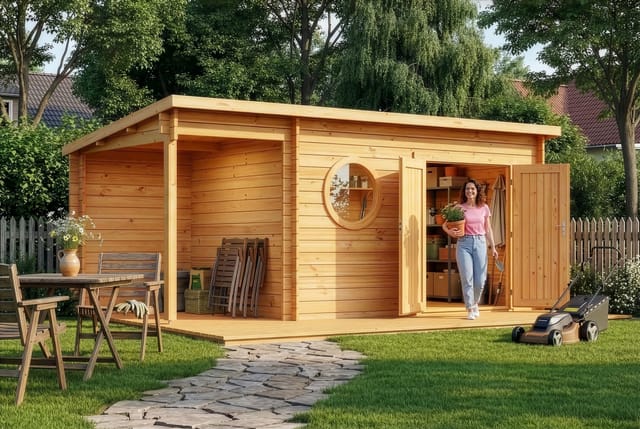 Alpholz Gartenhaus Maria Rondo C Gartenhaus Aus Holz In Pinie, Holzhaus Mit 34 Mm Wandstärke Inklusive Schleppdach, Blockbohlenhaus Mit Montagematerial