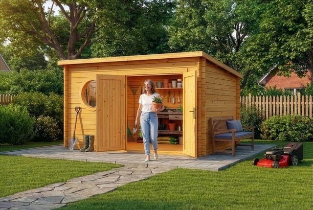 Alpholz Gartenhaus Maria Rondo B Gartenhaus Aus Holz In Pinie, Holzhaus Mit 34 Mm Wandstärke, Blockbohlenhaus Mit Montagematerial
