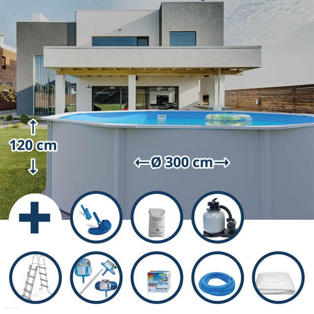 Stahlwandpool Set (9-teilig) Hoch Rund Eco 300 X 120 Cm, Stahl 0,4 Mm Weiß Folie 0,3 Mm Blau