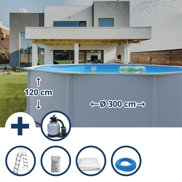 Stahlwandpool Set (6-teilig) Hoch Rund 300 X 120 Cm, Stahl 0,4 Mm Weiß Folie 0,3 Mm Blau