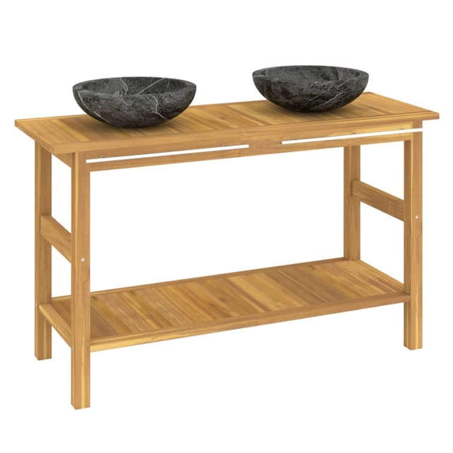 Badschrank Mit Waschtischen Aus Schwarzem Marmor, Massivem Teakholz