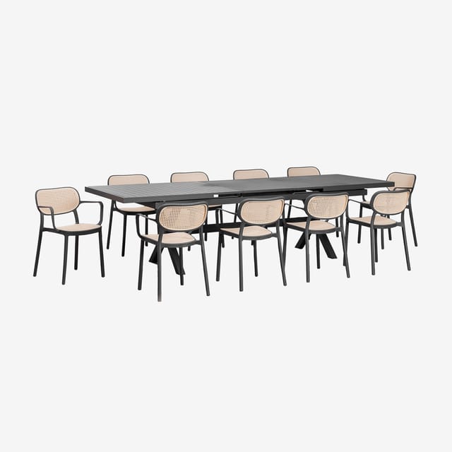 Set Aus Ausziehbarem Rechteckigem Aluminium-gartentisch (240–300 X 100 Cm) Karena Und 10 Gartenstühlen Mit Armlehnen Omara Grau Graphit - Sklum