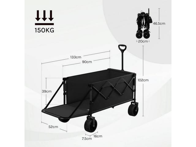 Woltu Bollerwagen Faltbarer Handwagen Gartenwagen Mit Hintertür Rädern Und Bremse, Transportwagen Strandwagen Für Camping Gartenarbeit Einkaufen Strand, Bis 150 Kg Tragfähigkeit, Schwarz