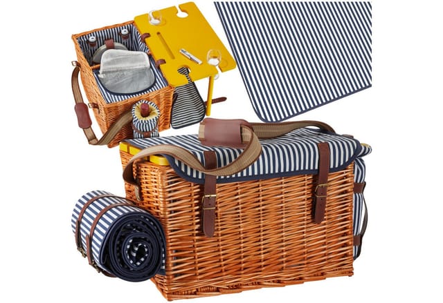 Tectake Picknickkorb Rügen Für 4 Personen Mit Picknickdecke Kühlfach und Tisch Integriert 32 x 46 50 x 30 cm Braun