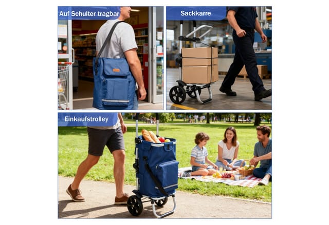 Sekey 3-in-1 Faltbarer Einkaufstrolley mit Kühlfach und Spanngurt Blau