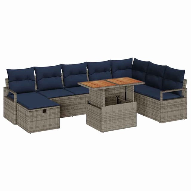 vidaXL Gartensofa-Set mit Kissen mit Speicher 9-Tlg Grau Poly-Rattan 3360014