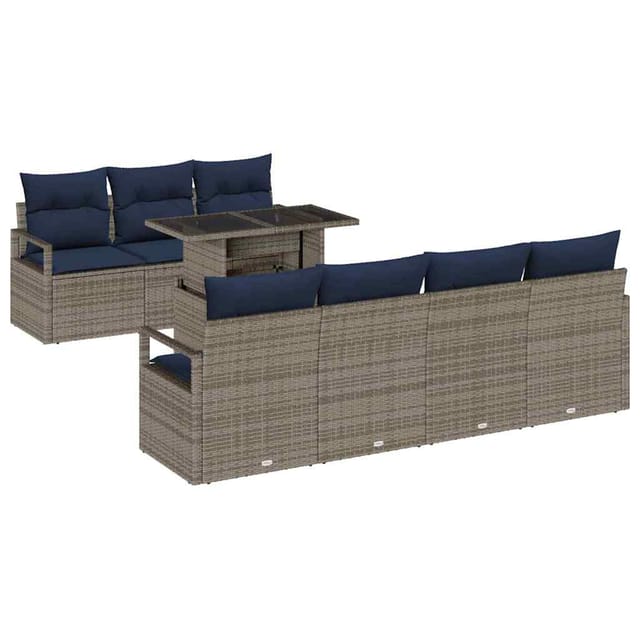 vidaXL Gartensofa-Set mit Kissen 8-Tlg Grau und Marineblau Poly-Rattan 3348771