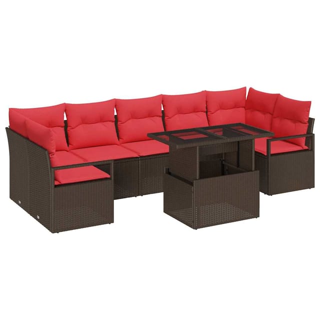 vidaXL Garten-Sofa-Set mit Kissen 8-Tlg Braun und Rot Poly-Rattan 3348780