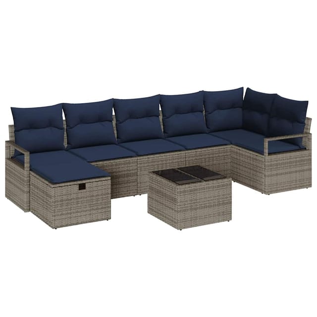 vidaXL Sofa Set mit Kissen 8-Tlg Grau und Marineblau Poly-Rattan 3359214