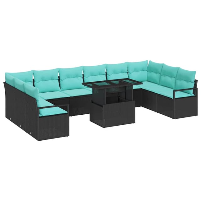 vidaXL Garten-Sofa-Set mit Kissen 11-Tlg Schwarz und Blau Poly-Rattan 3348902