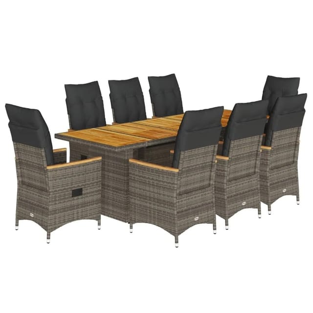 vidaXL 9-Tlg Garten-Bistro-Set mit Kissen Grau Poly Rattan 3277252