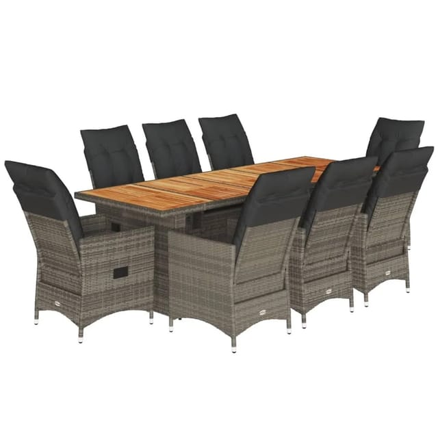 vidaXL 9-Tlg Garten-Bistro-Set mit Kissen Grau Poly Rattan 3277237