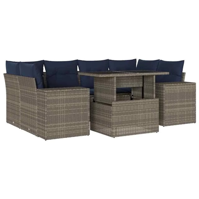 vidaXL 7-Tlg Garten-Sofagarnitur mit Kissen Grau Poly Rattan 3269021