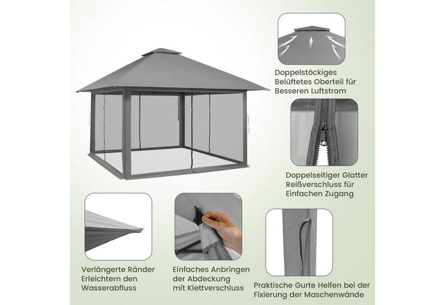 Costway 4 x 4 m Pavillon Gartenpavillon mit Netzseitenwänden Grau