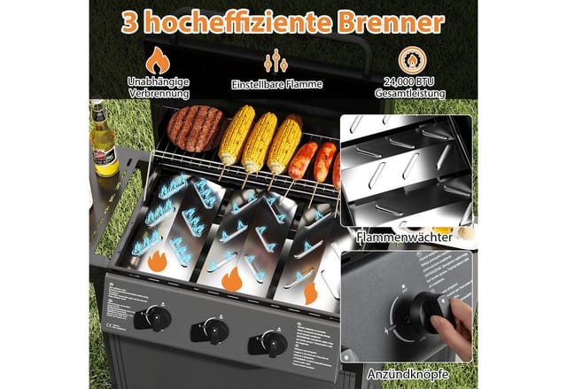 COSTWAY Gasgrill mit 3 Brenner 7 kW BBQ mit Deckel 2 Seitentischen