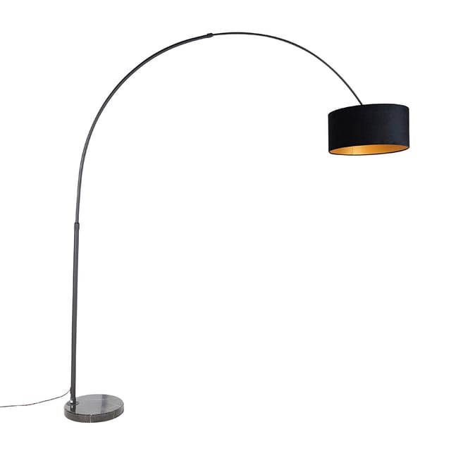 QAZQA Bogenlampe Schwarz Veloursschirm Schwarz mit Gold 50 cm XXL