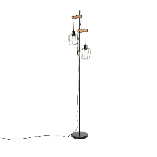 QAZQA Ländliche Stehlampe Schwarz mit Holz 2-flammig Stronk