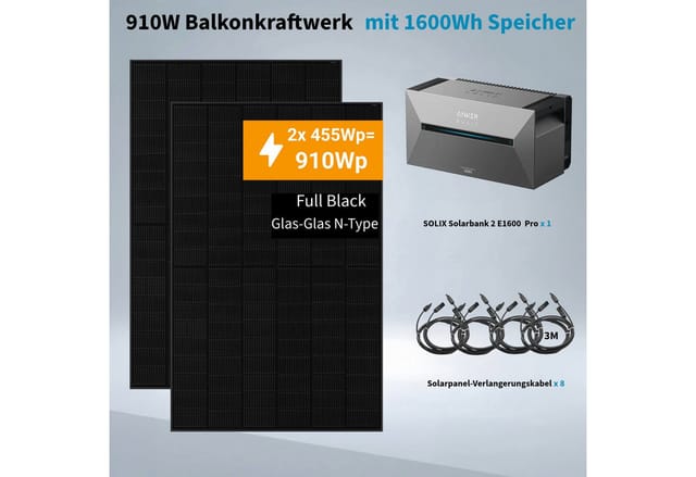 ANKER SOLIX 2 Pro 910W Balkonkraftwerk mit 2×455W JA Solar Module Ohne Halterung