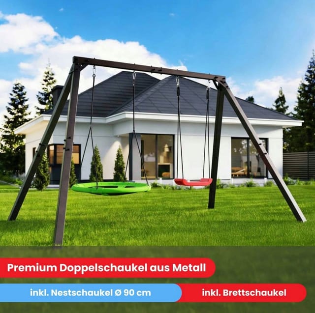 K-SPORT Premium Doppelschaukel aus Metall mit Nestschaukel & Brettschaukel