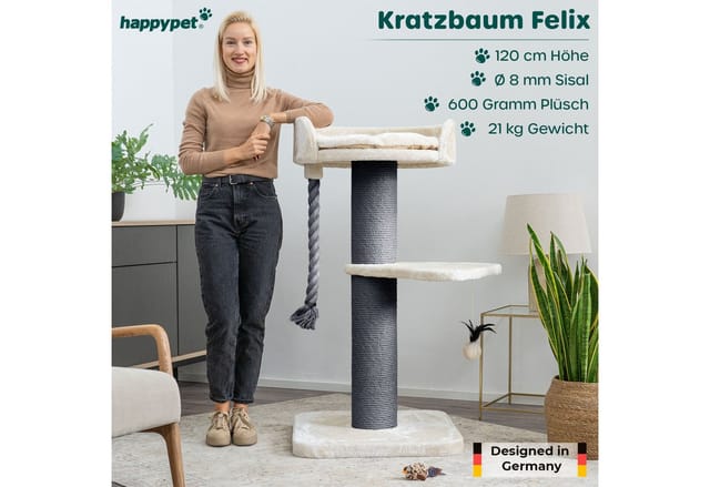 HAPPYPET Kratzbaum große Katzen 18 cm Stämme Katzenbaum 120 cm Grau-Creme