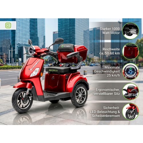 ECONELO Seniorenmobil J1000, Blei-Akku, 25 km/h, 1000 Watt, Rot