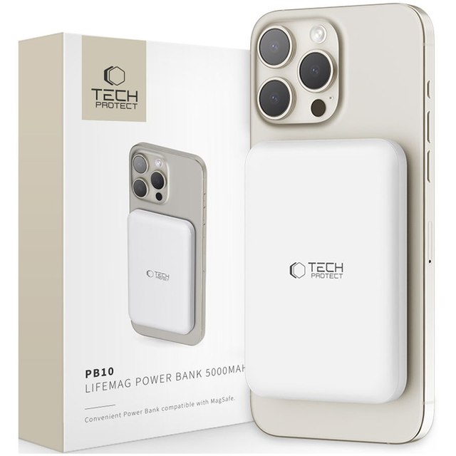 Tech-Protect LifeMag PB10 Power Bank with MagSafe 5000mAh 15W USB-C Port - White + USB-C Cable Powerbank (Akku) - Weiß - 5000 mAh