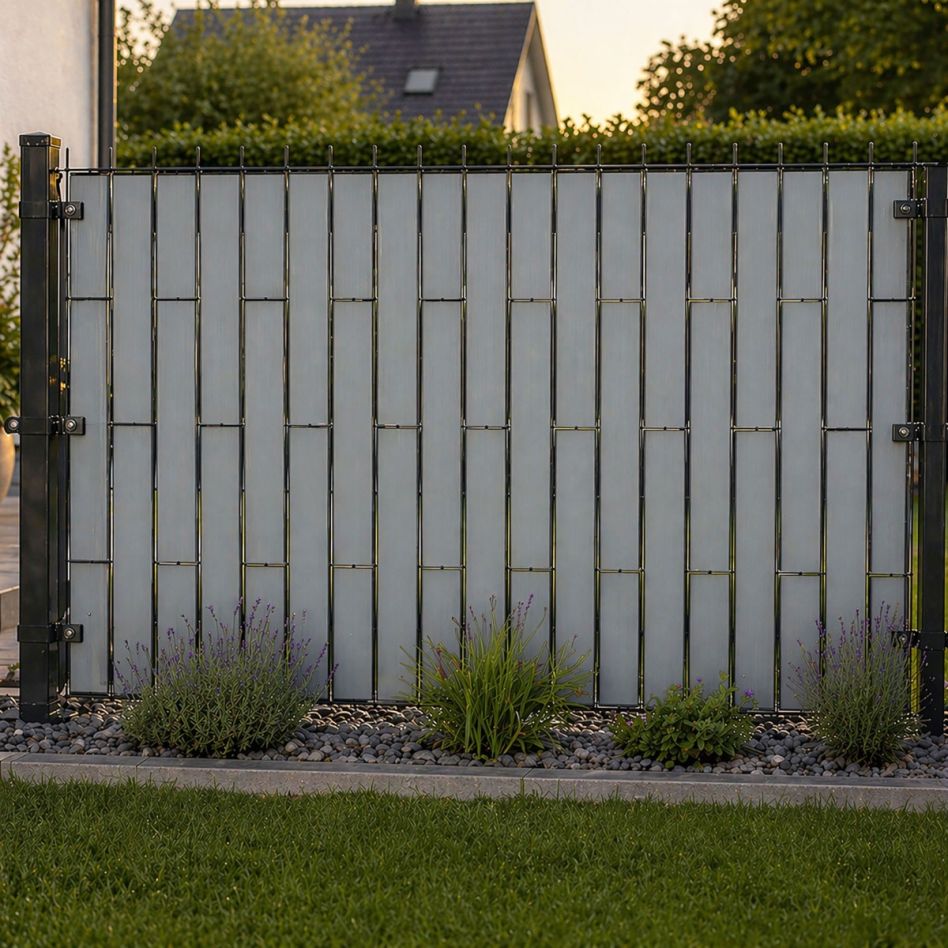 Sichtschutzstreifen vertikal grau mit Klemmschienen Einstabmattenzaun Zaunfolie günstig