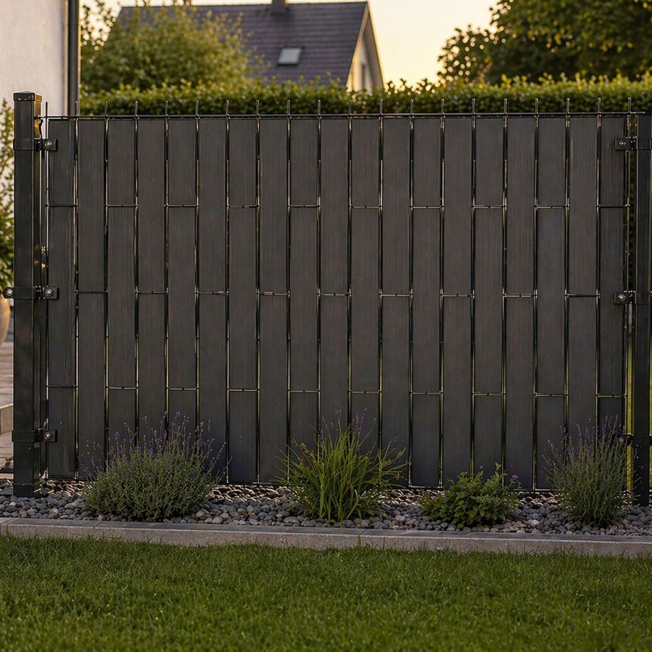 Sichtschutzstreifen vertikal anthrazit mit Klemmschienen Einstabmattenzaun Zaunfolie günstig